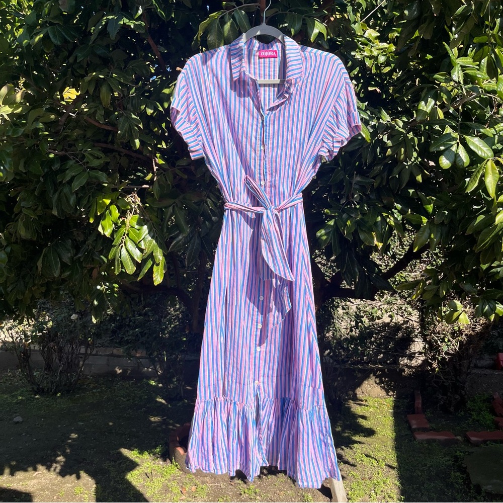 ZOJORA pink white blue striped button down short sleeve belted midi dress